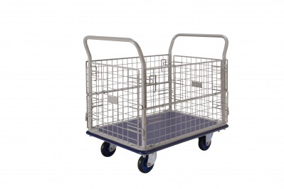Chariot grillagé à ridelles demi-rabattables