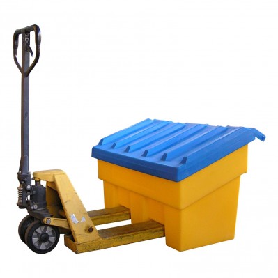 Bac à sel, sable et absorbant 300 L jaune à couvercle bleu