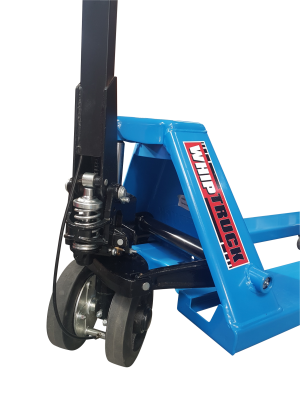 Transpalette manuel avec frein fourches 1150 mm roues caoutchouc et boggies PU