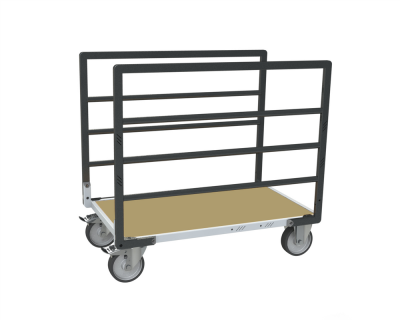 Chariot modulaire tube 2 ridelles, plateau bois 1200 x 800 mm, roues rectangle 