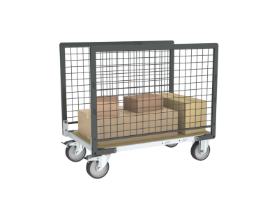 Chariot modulaire grillagé 2 ridelles, plateau bois 1200 x 800 mm, roues rectangle 