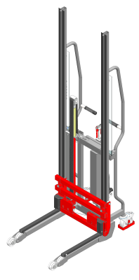 Gerbeur Lev300 à levée manuelle avec accessoire fourches coulissantes, course de levée 1700 mm