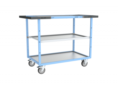 Servante mécano-soudée, double poignées, 3 plateaux tôle galva, 850 x 500 mm, roues TPE