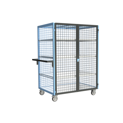Servante grillagée 4 côtés, verrouillable, avec 3 étagères, plateau bois, 1200 x 800 mm