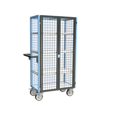 Servante grillagée 4 côtés, verrouillable, avec 3 étagères, plateau bois, 850 x 500 mm