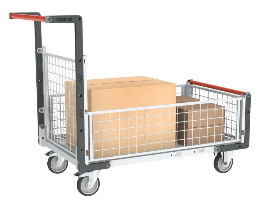 Chariots modulaires grillagé 1 dossier et 3 demi-ridelles, plateau bois 250 kg