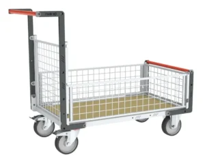 Chariots modulaires grillagé 1 dossier et 3 demi-ridelles, plateau bois roues rectangle 500 kg - 965 x 600 mm