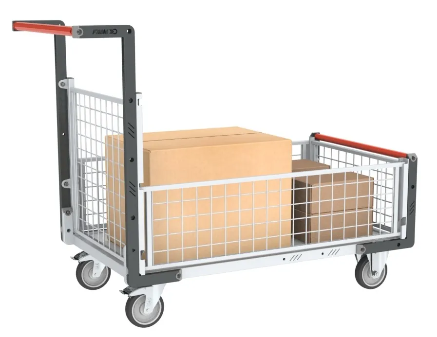 Chariots modulaires grillagé 1 dossier et 3 demi-ridelles, plateau bois 250 kg