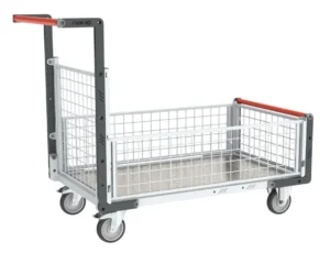 Chariot modulaire grillagé 1 dossier et 3 demi-ridelles, plateau tôle galva 1000 x 600 mm, 250 kg