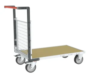 Chariots modulaires grillagé 1 dossier, plateau bois roues rectangle 500 kg - 985 x 600 mm