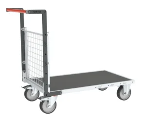 Chariots modulaires grillagé 1 dossier, plateau bois avec tapis caoutchouc 500 kg - 985 x 600 mm