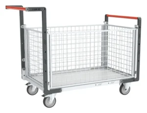 Chariots modulaires grillagé 2 dossiers + 2 ridelles, plateau bois 250 kg - 965 x 555 mm