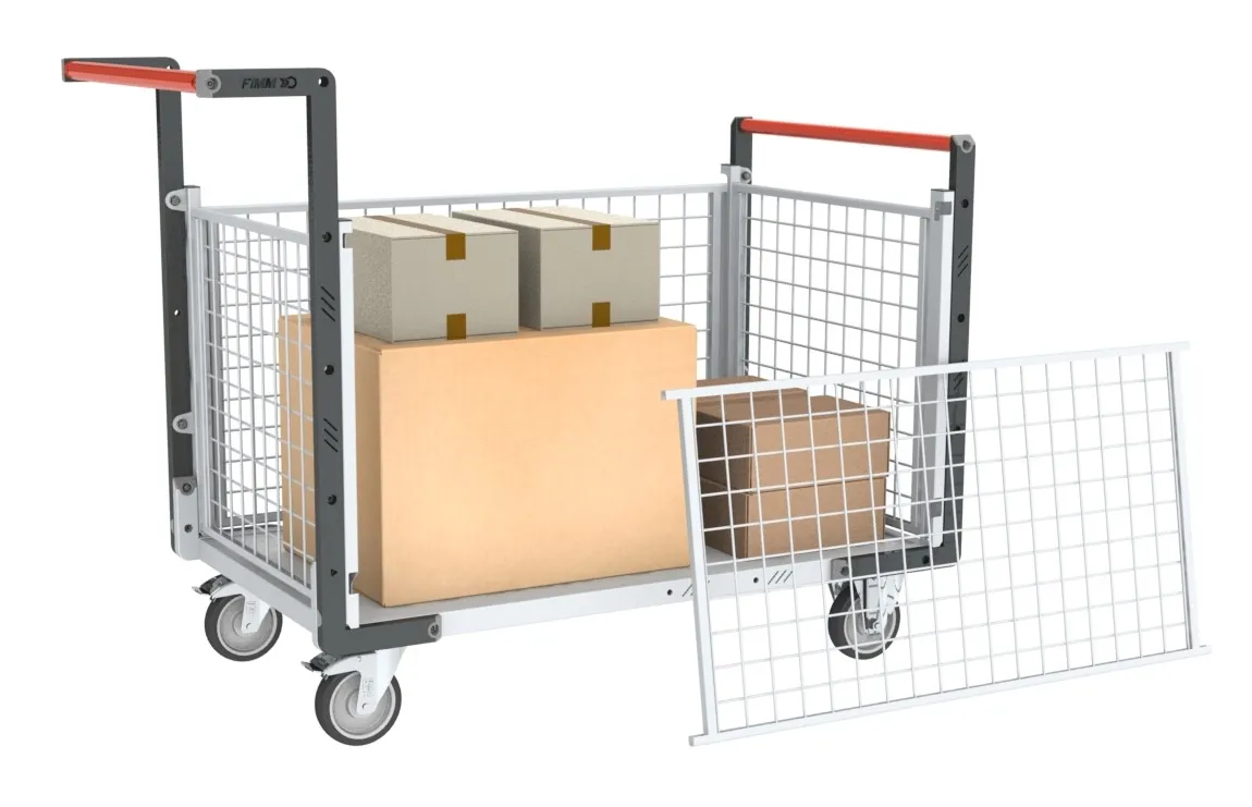 Chariots modulaires grillagé 2 dossiers + 2 ridelles, plateau bois 250 kg