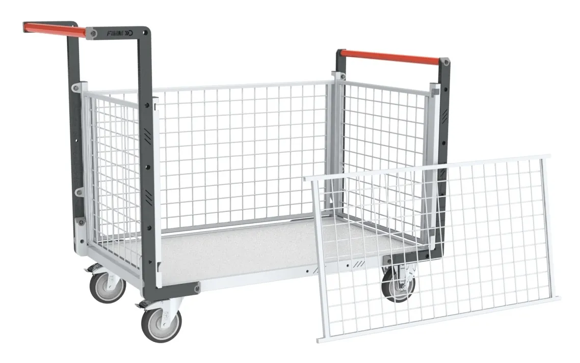 Chariots modulaires grillagé 2 dossiers + 2 ridelles, plateau bois 250 kg