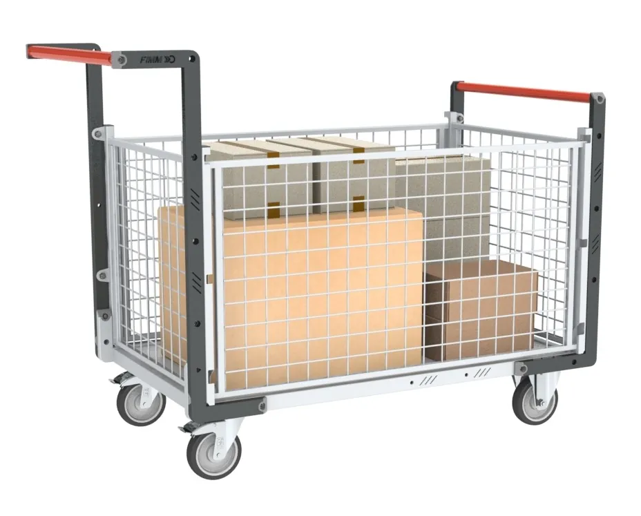 Chariots modulaires grillagé 2 dossiers + 2 ridelles, plateau bois 250 kg