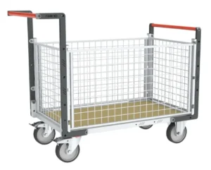 Chariots modulaires grillagé 2 dossiers + 2 ridelles, plateau bois roues rectangle 500 kg - 965 x 555 mm