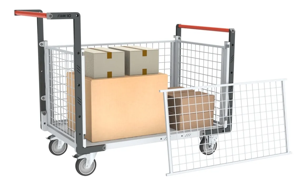 Chariots modulaires grillagé 2 dossiers + 2 ridelles, plateau bois 250 kg