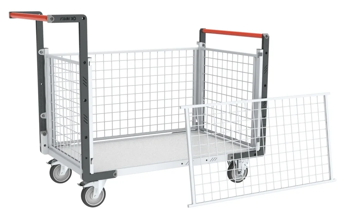 Chariots modulaires grillagé 2 dossiers + 2 ridelles, plateau bois 250 kg