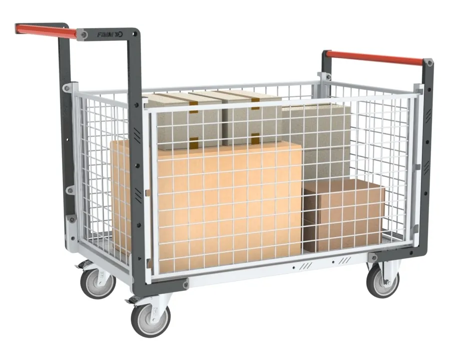 Chariots modulaires grillagé 2 dossiers + 2 ridelles, plateau bois 250 kg