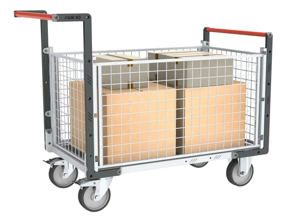 Chariots modulaires grillagé 2 dossiers + 2 ridelles, plateau bois avec tapis caoutchouc 500 kg