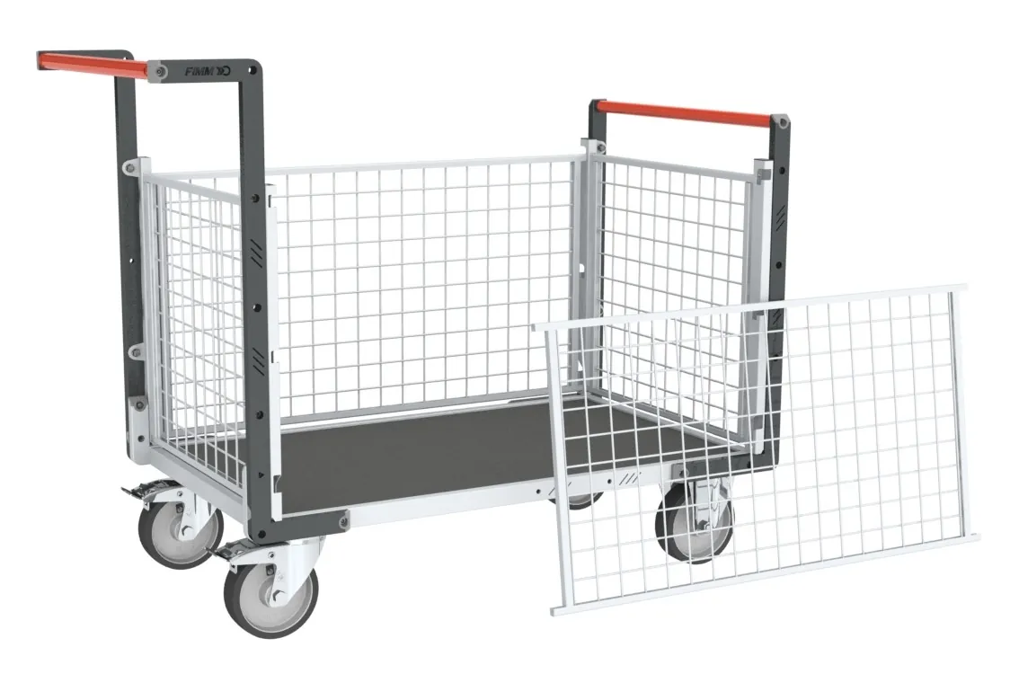 Chariots modulaires grillagé 2 dossiers + 2 ridelles, plateau bois avec tapis caoutchouc 500 kg