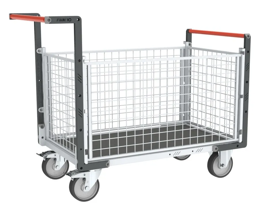 Chariots modulaires grillagé 2 dossiers + 2 ridelles, plateau bois avec tapis caoutchouc 500 kg