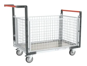 Chariot modulaire grillagé 2 dossiers + 2 ridelles, plateau tôle galva 1000 x 600 mm, 250 kg