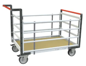 Chariots modulaires tube 2 dossiers + 2 ridelles, plateau bois roues rectangle 500 kg - 965 x 555 mm