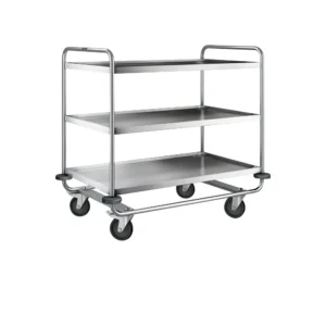 Desserte inox 304 L, châssis renforcé, 3 plateaux, 1000 x 600 mm, 200 kg