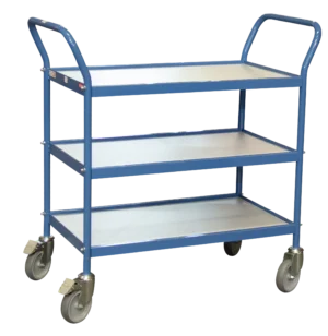 Servantes 3 plateaux bois, double poignées verticales, 780 x 420 mm, 150 kg - Bleu